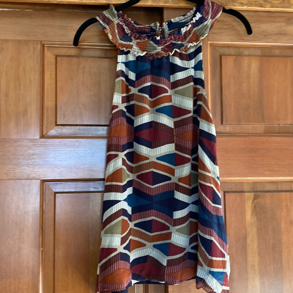 Chloe Oliver Silk tank top-multi colors of cognac, teal, cream, and burgundy.
